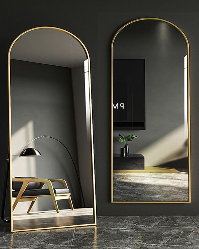 DYNWELL Arched Full Length Mirror, 76"x34" Large Floor Mirror with Stand, Wall-Mounted Gold Body Mirror for Bedroom
