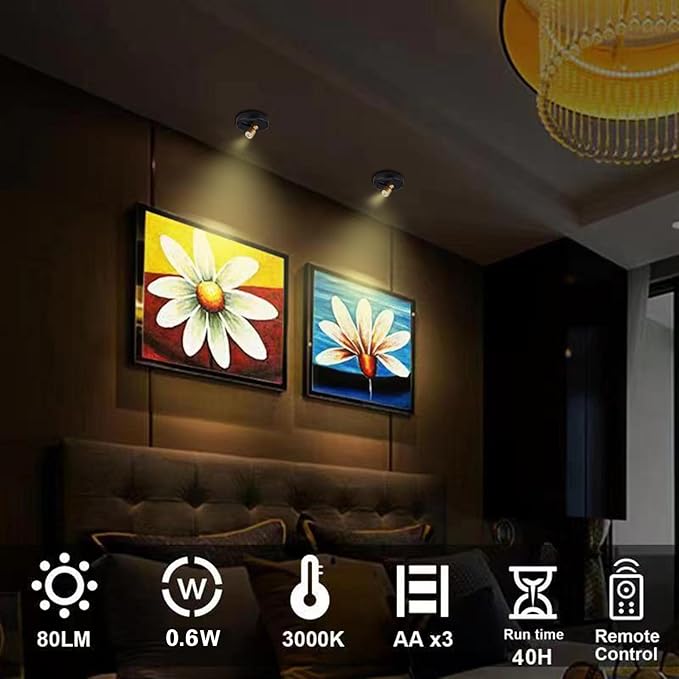HAMVIDNE LED Spotlight, Battery Powered Picture Lights, Uplighting Indoor, Puck Lights with Remote, Stick Spot Light for Wall Art Display Dartboard Painting Artwork Accent Closet-4Pack