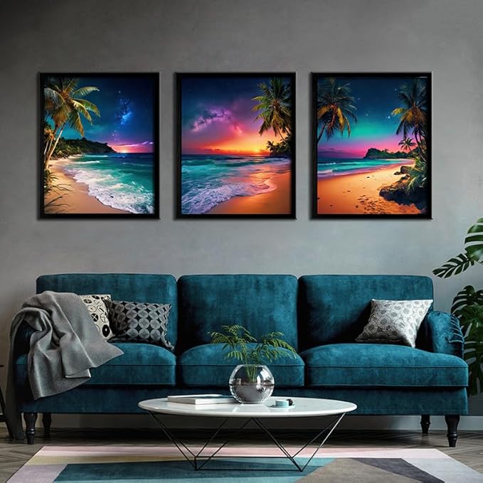 Beach Sunset Black Framed Wall Art for Living Room Tropical Ocean Canvas Prints Northern Lights Aurora Natural Landscape Painting Large Wall Decor for Bedroom Office Dining Room 16"x24"x3pcs