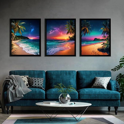 Beach Sunset Black Framed Wall Art for Living Room Tropical Ocean Canvas Prints Northern Lights Aurora Natural Landscape Painting Large Wall Decor for Bedroom Office Dining Room 16"x24"x3pcs