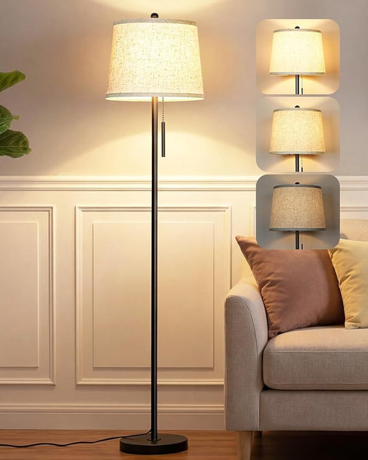 JUNNAI 【Upgraded】 Modern Black Floor Lamp 63in Standing Lamp for Living Room Bedroom Office 3 Way Brightness Dimmable Tall Pole Light with Beige Linen Shade Metal Shade 8W 3000K LED Bulb Included