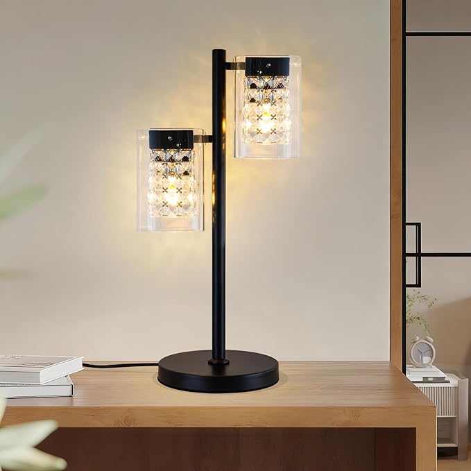 Crystal Table lamp-Modern Black Lamps for Living Room,Plug in Bedside Lamps with Switch,Elegant Desk lamp for Room Decor,Bedroom,Dining Room,23" Tall