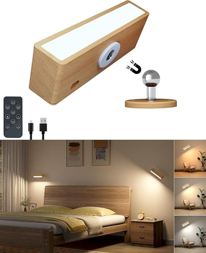 DetarZinLED Wooden Wall Sconce Battery Operated with Remote,Rechargeable Wall Lights for Bedroom with 3 Color Temperature, Magnetic, Stick-On, Dimmable Wall Reading Lights (Beechwood, 1 Pack)