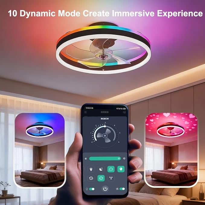 RGBCW Ceiling Fan with Light, 20" Flush Mount Low Profile Smart Fan Light with App & Remote Control, 6 Speeds Reversible, 3CCT Dimmable LED Bladeless Fandelier Quiet DC Motor for Bedroom Living Room