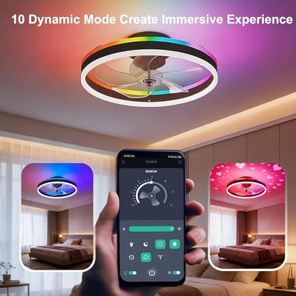 RGBCW Ceiling Fan with Light, 20" Flush Mount Low Profile Smart Fan Light with App & Remote Control, 6 Speeds Reversible, 3CCT Dimmable LED Bladeless Fandelier Quiet DC Motor for Bedroom Living Room