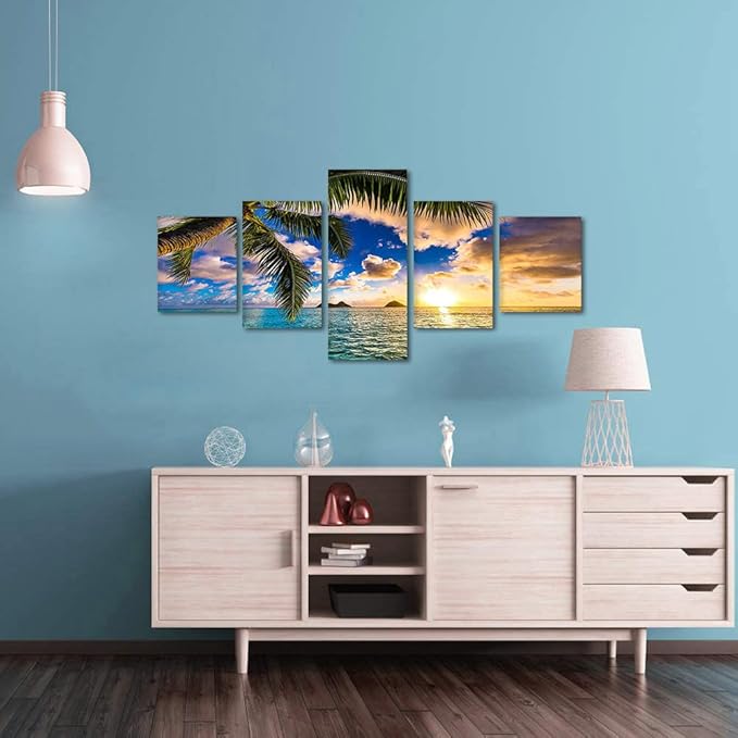 Sunrise 5 Pieces Wall Decor Beaches Wall Art Ocean Scenic Nature Photography Pictures HD Print on Canvas Office Home Decor for Living Room Aisle Bedroom Bathroom Wall Decoration Framed Ready to Hang - 50''W x 24''H