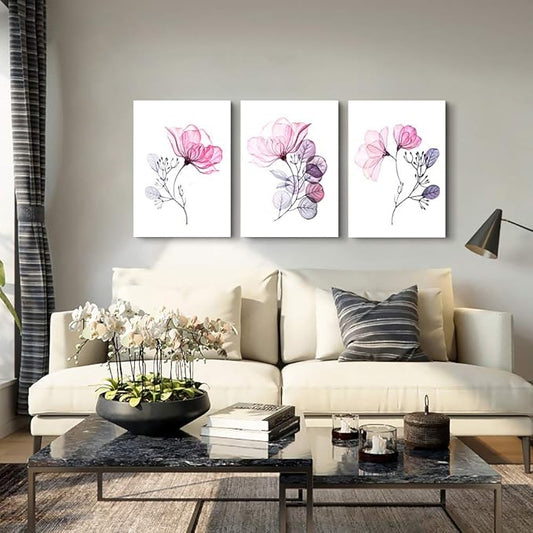 3 Piece Modern pink red Flowers Canvas Wall Art for Bedroom Living Room decor,Bathroom Wall Decor,3 Panels framed Wall Watercolor Painting Kitchen Home Decoration Canvas Print Artwork Wall Mural