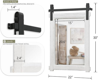Besdomus Farmhouse Bathroom Wall Mirror: 22"x30" White Barn Door Solid Cedar Wood Frame Vanity Mirror - Rustic Bathroom Over Sink/Living Room/Hallway - Modern Rustic Decor for Housewife