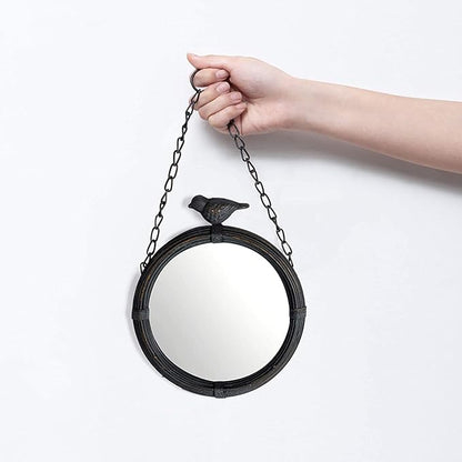 NIKKY HOME Shabby Chic Small Wall Mirrors Decor Decorative Metal Framed Hanging Round Mirror Vintage Rustic with Sparrow for Bathroom Living Room Office, Antiqued Black