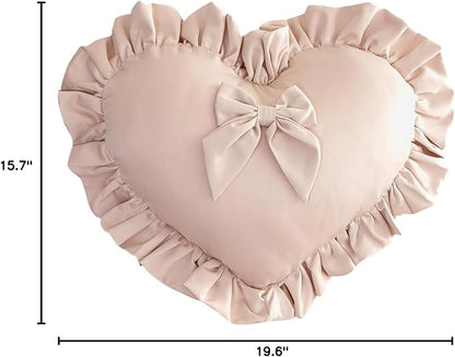 MOJUN Heart Pillow, Cute Soft Heart Shaped Throw Pillow Ruffle Love Bow Pillow Decorative Pillows Cushion for Couch Sofa Living Room Bed Chair Wedding Gifts Pillows, Champagne