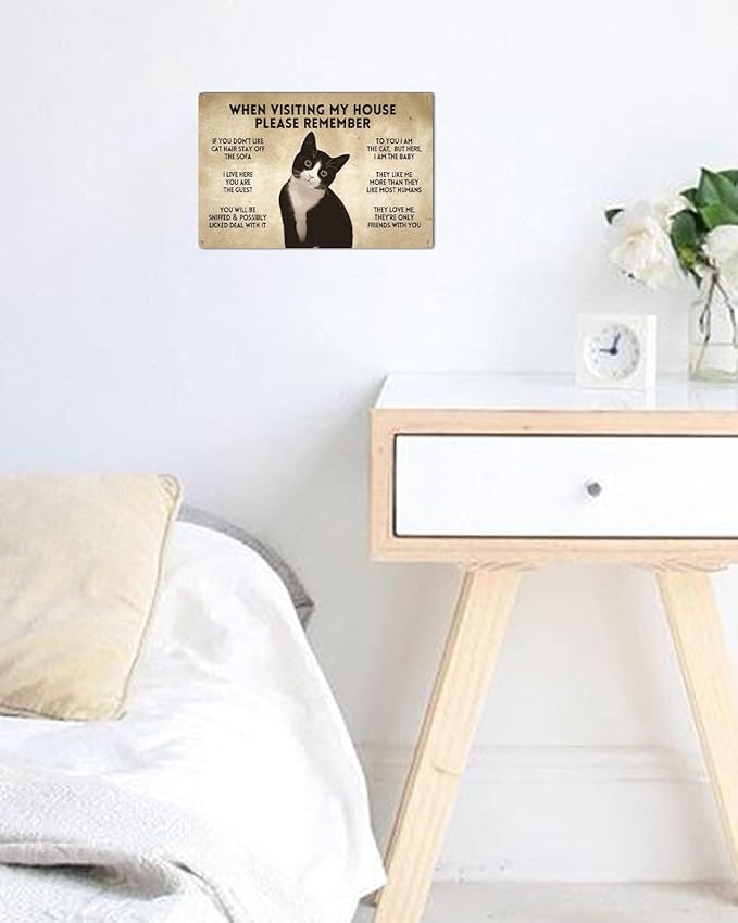 ALKB Gift for Cat Lovers Funny Tuxedo Cat Rules Metal Signs, When Visiting My House Please Remember, Cat Signs for Wall Door Decor 8 x 12 Inch