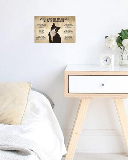 ALKB Gift for Cat Lovers Funny Tuxedo Cat Rules Metal Signs, When Visiting My House Please Remember, Cat Signs for Wall Door Decor 8 x 12 Inch