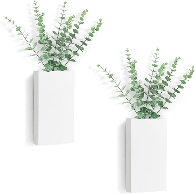 Dahey 2 Pack Wood Wall Planter Vase with Artificial Eucalyptus Farmhouse Wall Hanging Decor Pocket Planter for Indoor Fake Plants Greenery Flowers Living Room Bedroom Kitchen Home Decoration, White