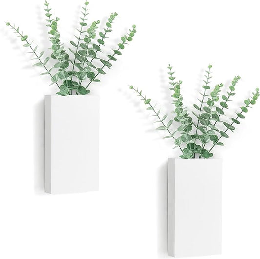 Dahey 2 Pack Wood Wall Planter Vase with Artificial Eucalyptus Farmhouse Wall Hanging Decor Pocket Planter for Indoor Fake Plants Greenery Flowers Living Room Bedroom Kitchen Home Decoration, White