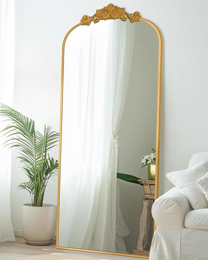 Antok Arched Full Length Mirror, 65"x24" Floor Mirror with Carved, Full Body Mirrors for HomeDecor, Standing/Halling Large Wall Mirror for Bedroom, Living Room, Cloakroom, Gold, Retro Style