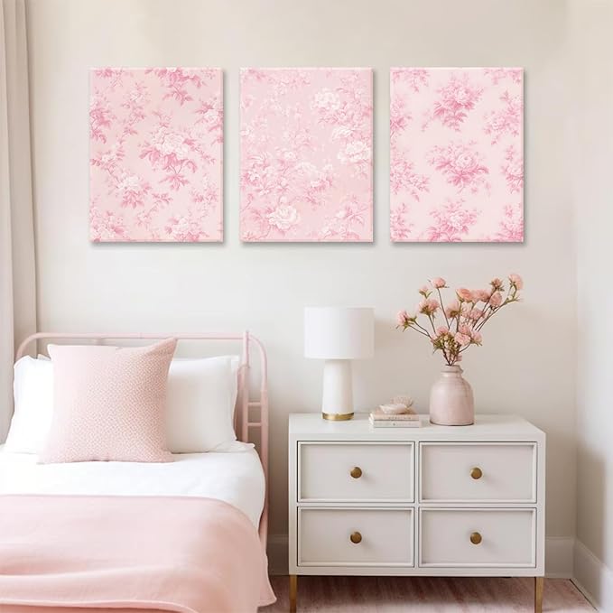 LYPHNX Framed Pink Chinoiserie Flower Canvas Wall Art light Pink Love Shack Fancy Decor Paintings Posters Set of 3 Blush Pink Painting Pictures Home Decor for bedroom Living room Bathroom 12"x16"