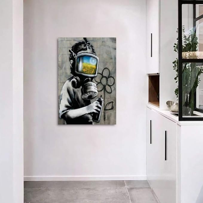 Yatsen Bridge Banksy Wall Art, Boy Wearing a Gas Mask Canvas Picture Art Print, Modern Home Decor for Living Room Bedroom Pop Framed Artwork Ready to Hang - 24x36 inch