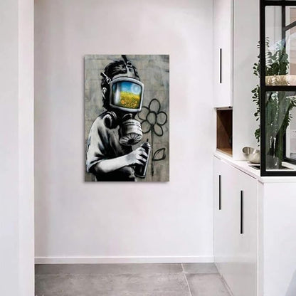 Yatsen Bridge Banksy Wall Art, Boy Wearing a Gas Mask Canvas Picture Art Print, Modern Home Decor for Living Room Bedroom Pop Framed Artwork Ready to Hang - 24x36 inch