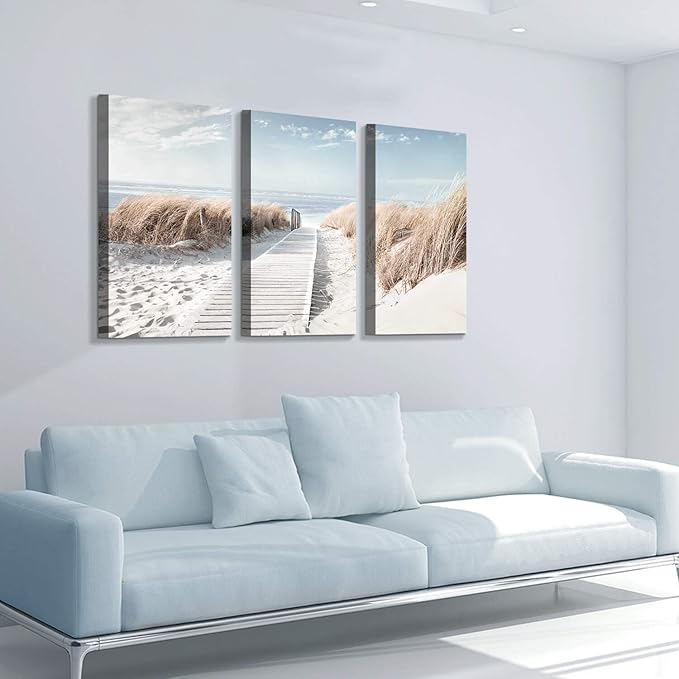 Hardy Gallery Beach Path Picture Coastal Artwork: Seaside Boardwalk Painting Art Print on Canvas for Living Room (34'' x 20'' x 3 Panels)