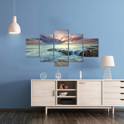 Yatsen Bridge Landscape Canvas Wall Art 5 Panels Sea Water and Rocks Picture Artwork Sunrise Wall Decorative Set for Home Office Decor Modern Stretched and Wood Framed Ready to Hang -60" W x 32" H