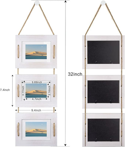 DLQuarts 5x7 Hanging Picture Frames Collage Wall Decor, 3-Opening Photo Frame 5x7 Without Mat & 3.5x5 with Mat, Rustic Wood 3-Frame, Vintage White