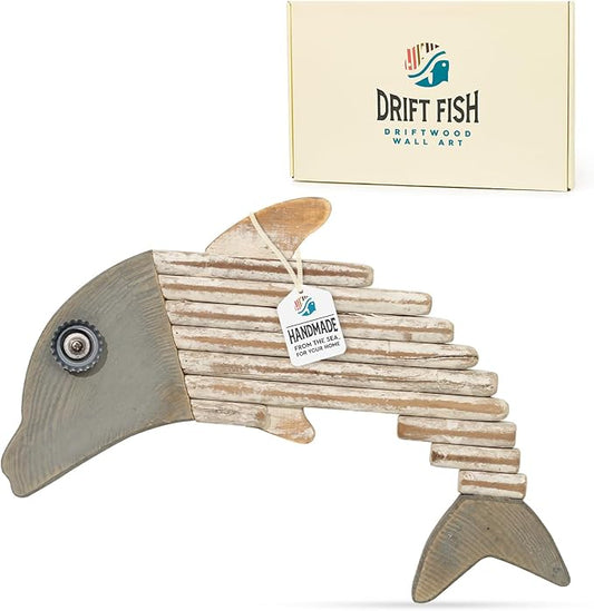 Handmade Driftwood Dolphin Nautical Wall Decor - 14" x 9.5" Wooden Rustic Coastal Wall Art for Living Room, Bedroom, Office, Bathroom - Ocean Beach Decoration (Skipper)