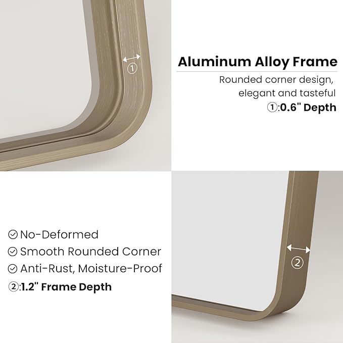 JISOSO Bronze Bathroom Mirror 24x36 Inch, Brushed Bronze Metal Frame Mirror for Wall, Rounded Rectangle Bathroom Vanity Mirror with Tempered Glass, Anti-Rust, Horizontal/Vertical