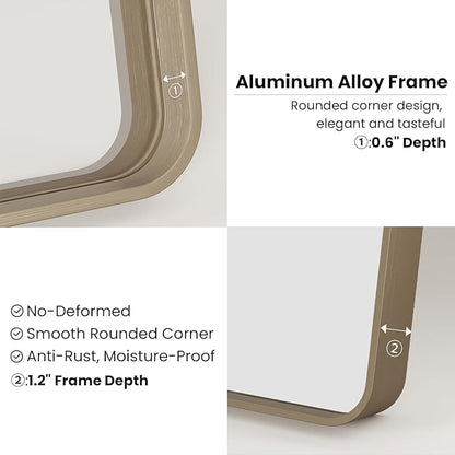 JISOSO Bronze Bathroom Mirror 24x36 Inch, Brushed Bronze Metal Frame Mirror for Wall, Rounded Rectangle Bathroom Vanity Mirror with Tempered Glass, Anti-Rust, Horizontal/Vertical