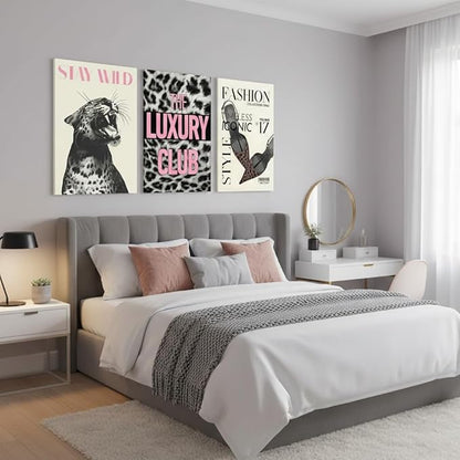 Yxjyzzkx Leopard Wall Art Set of 3, Black and White Cheetah Canvas Prints with Pink Quotes, Fashion Animal Wall Decor, Eclectic Modern Aesthetic Posters for Living Room Bedroom, 12x16 Inch