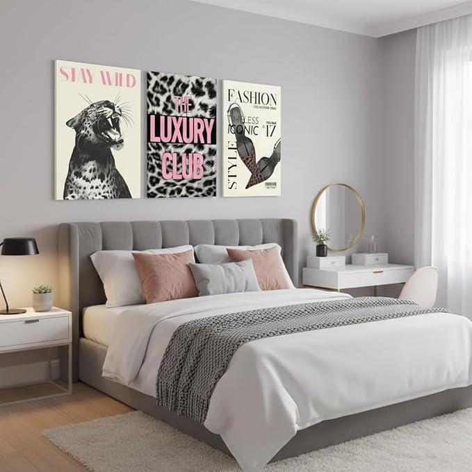 YXJYZZKX Fashion Leopard Wall Art Set of 3, Black and White Cheetah Wrapped Canvas Prints with Pink Quotes, Eclectic Glam Animal Wall Decor, Modern Trendy Artwork for Bedroom Living Room, 16x24 Inch Ready to Hang
