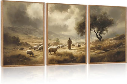 HPNIUB Jesus Leaves the 99 Sheep Framed Wall Art Set,Lost Lamb Religious Wall Decor,Neutral Christian Scripture Art Print,Vintage Inspiring Good Shepherd Artwork for for Church Room Christian Faith Gift-16''x24''x3
