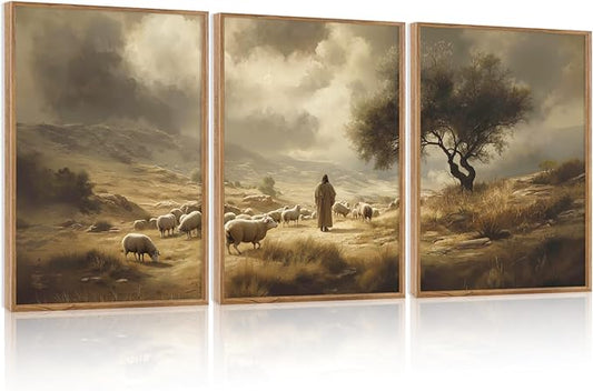 HPNIUB Jesus Leaves the 99 Sheep Framed Wall Art Set,Lost Lamb Religious Wall Decor,Neutral Christian Scripture Art Print,Vintage Inspiring Good Shepherd Artwork for for Church Room Christian Faith Gift-16''x24''x3