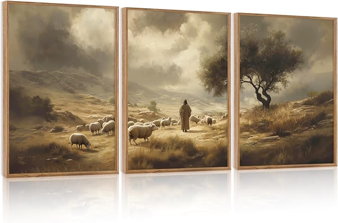 HPNIUB Neutral Jesus Leaves the 99 Sheep Framed Wall Art Set,Easter Lost Lamb Christian Religious Wall Decor, Vintage Inspiring Good Shepherd Artwork for Church Room Christian Faith Gift-24''x36''x3