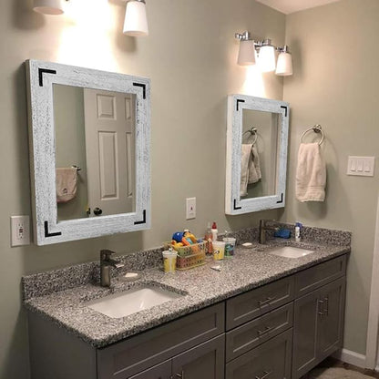 YOSHOOT Rustic Wooden Framed Wall Mirror, Natural Wood Bathroom Vanity Mirror for Farmhouse Decor, Vertical or Horizontal Hanging (26" x 18", White Grey)