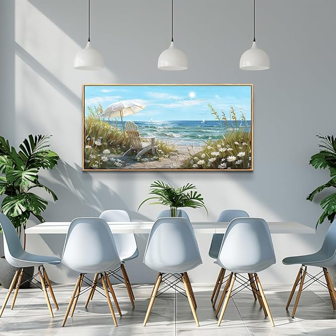 ERQINHUA Large Wall Art For Living Room Canvas Wall Decor For Bedroom Office Decoration Blue Sea Ocean Paintings Beach Chair Wall Pictures Artworks Modern Home Decor Aesthetics 24x48 In Wood Framed