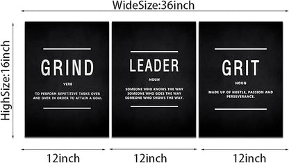 Motivational Grind Grit Leader Wall Art, Canvas Painting Wall Decor Inspirational Posters Prints for Living Room Bedroom, Office Decor, Gallery-Wrapped Canvas Art Set Framed Easy Hang- 12"Wx16"Hx3PCS