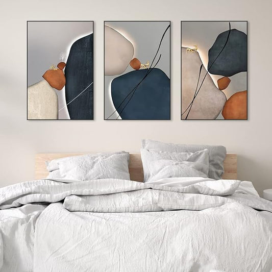 MPLONG Wall Art 3 Pieces Of Framed Decorative Paintings Abstract Simple Orange White Blue And Other Color Blocks Wall Art Canvas Prints Wall Decor (Black, 16" x 24" x 3 Panels)