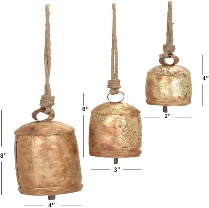 Large Vintage Gold Cow Bells for Rustic Christmas Decor Hanging Bells on Rope Set of 3 Harmony Cow Bells Vintage Handmade Rustic Lucky (Brass & Copper Rustic Bell 4,6, 8 inches)