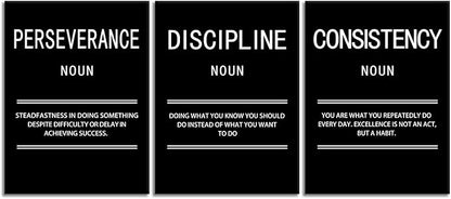 Perseverance Discipline Consistency Motivational Canvas Office 3 Panel Print Wall Art Inspirational Poster Painting Modern Inspiring Artwork for Home Living Room Decor Ready to Hang [36''Wx 16''H]