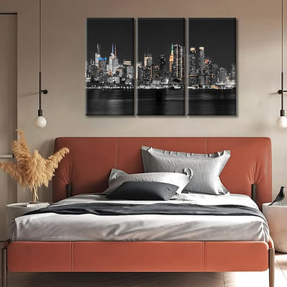 TUMOVO New York City NY USA Skyline Bathroom Decor Wall Art 3 Piece Hudson River Skyscrapers Nighttime Lightscape Black and White Wall Art Posters and Prints Framed Ready to Hang (36" Wx24 H)