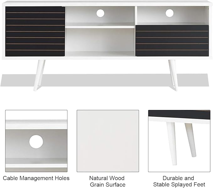 Tangkula Mid-Century Modern TV Stand for TVs up to 70 Inch, Wooden TV Console Table with Storage Shelves, Cabinet and Drawer, TV Storage Cabinet Entertainment Center for Living Room (White & Black)