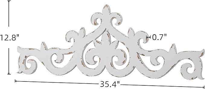 SOFE White Distressed Scroll Over The Door Decor 36 × 13 Inches, Wooden Wall Sculpture, 3D Farmhouse Decor Wall, Large Hanging Artwork for Home, Bathroom, Kitchen, Office