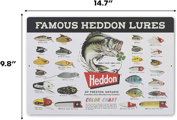 Heddon Famous Lures Color Chart Metal Sign - Vintage Heddon Wall Decor for Man Cave or Garage