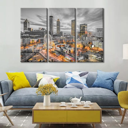 TUMOVO 3 Piece Wall Decor American Cityscape Canvas Paintings for Bedroom, Bathroom, Office. Atlanta Skyscrapers City Skyline Artwork Black and White Wall Art Framed Ready to Hang (42" Wx28 H)