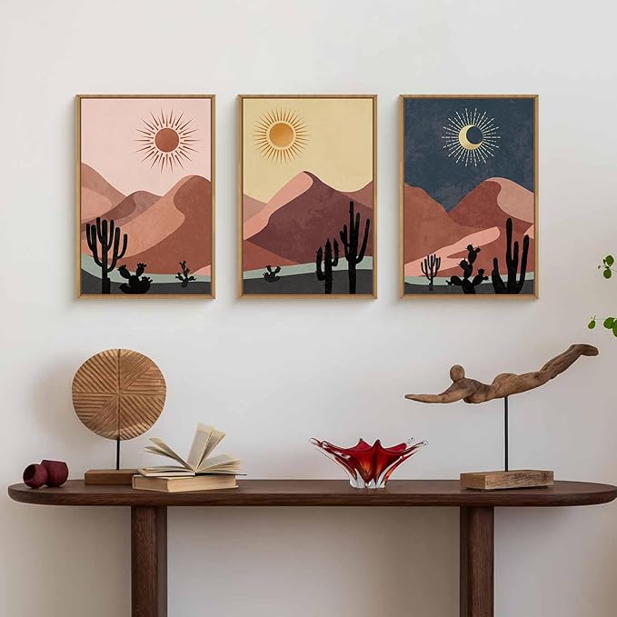 HPNIUB Boho Desert Framed Canvas Wall Art Set, Abstract Sun Moon Art Prints, Modern Cactus Paintings Artwork, Mid Century Southwestern Landscape Wall Decor for Living Room, Bedroom, Office-16 x24 x3