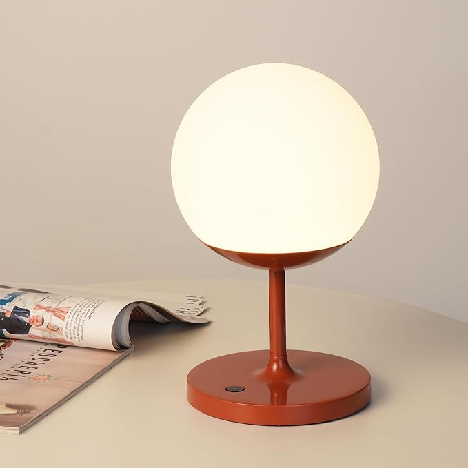 WEILAILUX Cordless Table Lamp with Globe Shade, Rechargeable Dimmable Bedside Light, Shower Lamp Waterproof, Touch Control, 8-72 Hours Runtime, 2700K Warm White for Indoor Outdoor (Brick Red, Short)