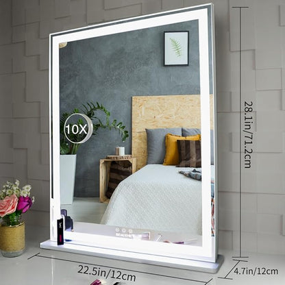 ANYHI Vanity Mirror with Lights, 22.4" x 28.1" Tabletop Vanity Mirror with Lights and Stand, 3 Color Modes, 10X Magnification, Smart Touch Control, Wall Mounted/Desk Mirror for Bedroom Makeup, Silver