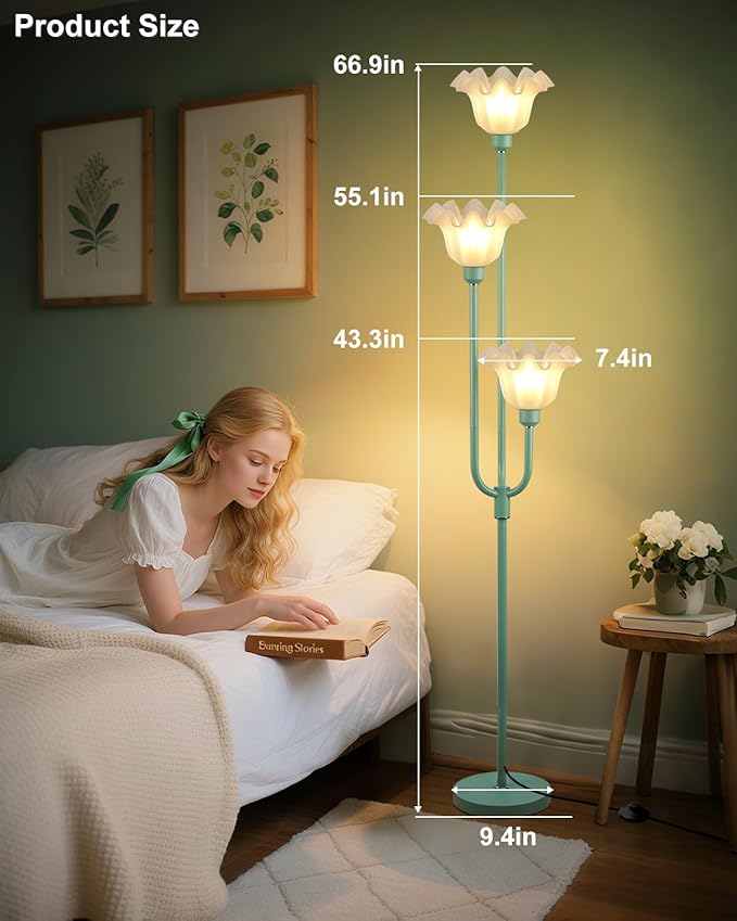 66'' Flower Floor Lamp for Living Room, Vintage Floral Floor Lamp with LED Bulbs, 3 Light 3000K Warmwhite Mid Century Standing Tall Lamps with 5Lbs Heavy Base for Bedroom-Grey Green
