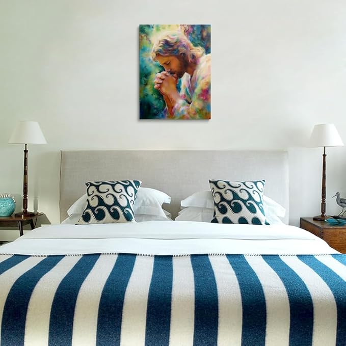 Praying Jesus Canvas Wall Art Colorful abstract Christianity Painting Picture Wall Decorreligious Poster Print Artwork for Prayer Room Living Room 12x16 Inches