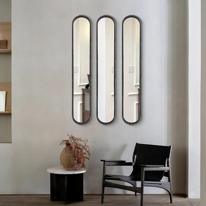 Long Narrow Decorative Wall Mirror, Skinny Oval Mirror for Entryway Living Room Bath Decor,Metal Frame with Beaded Decor Mirrors,7.9X 44 3-Pack